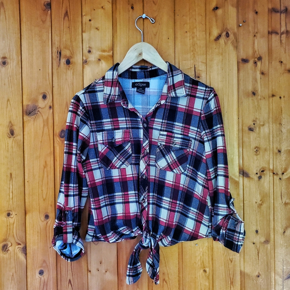 Cute Cropped Plaid Tie-Up Shirt
